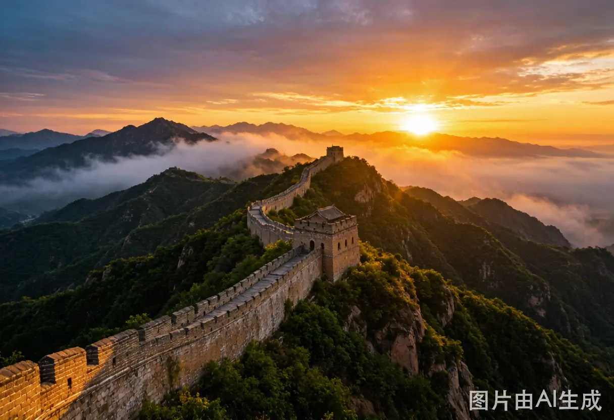 The Great Wall of China winding through misty mountains at sunrise